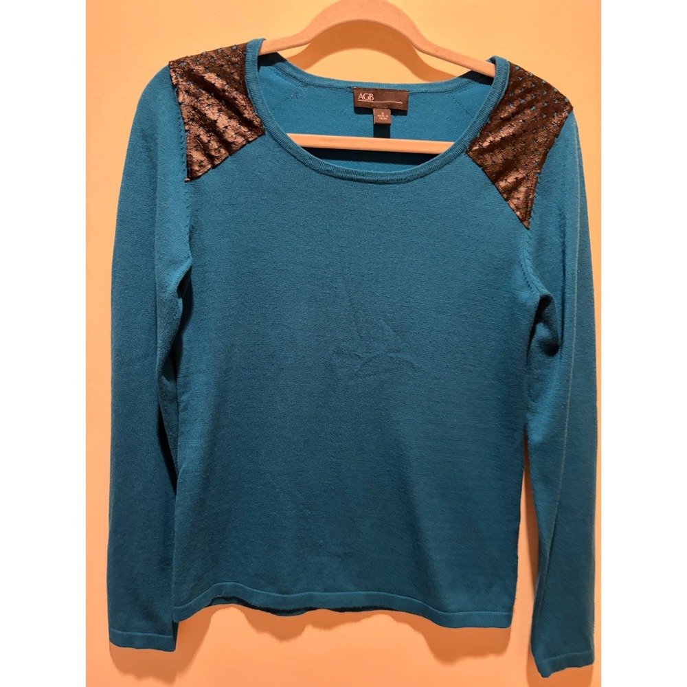 AGB Teal Blue Knit Sweater Faux Leather Star Perforated Shoulder Patch Small